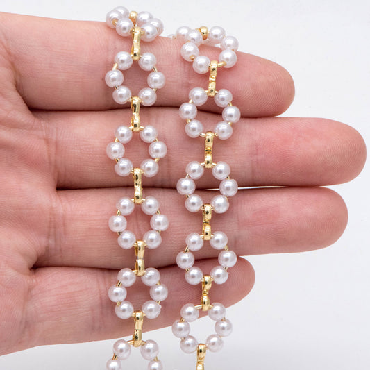 Gold Faux Pearl Hoop Chain, 18K Gold plated Brass Beaded Chain with Faux Pearl (LK-506) / 1 meter= 3.3ft