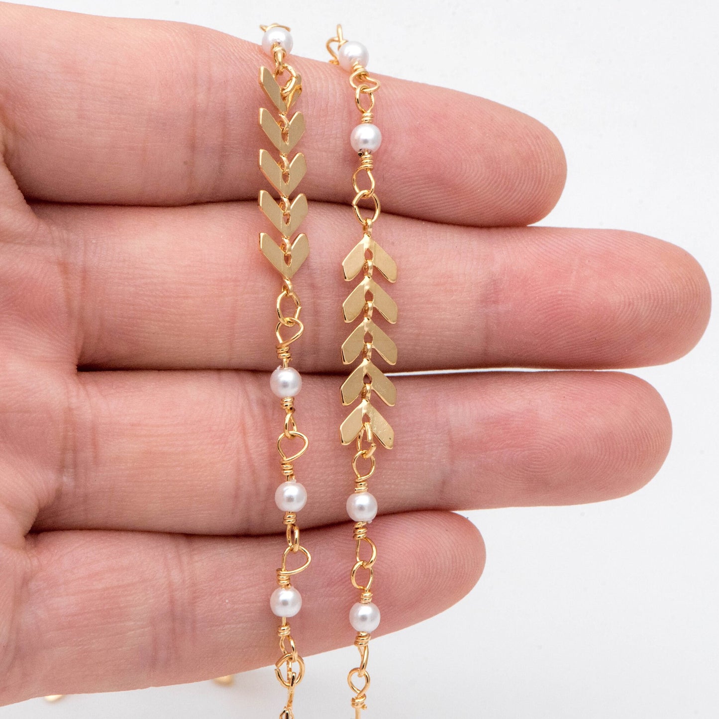 Gold Chevron Chain With Faux Pearl Connector, 18K Gold plated Brass Designer Chain (LK-507) / 1 meter= 3.3ft