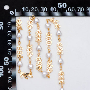 Gold Leaf Chain With Heart Faux Pearl Connector, 18K Gold plated Brass Dainty Chain (LK-508) / 1 meter= 3.3ft