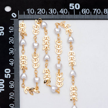 Gold Leaf Chain With Heart Faux Pearl Connector, 18K Gold plated Brass Dainty Chain (LK-508) / 1 meter= 3.3ft