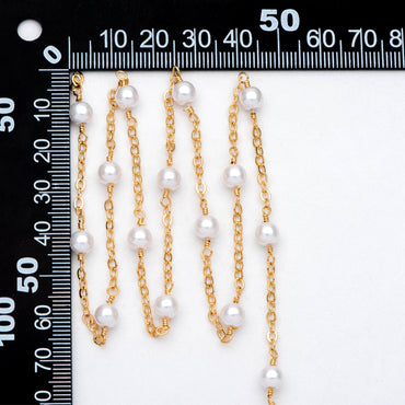 Gold Faux Pearl Beaded Chain, 18K Gold plated Brass Cable Chain with 5.3mm Faux Pearl (LK-509) / 1 meter= 3.3ft