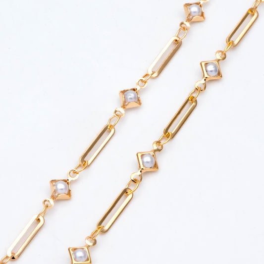 Gold Faux Pearl Beaded Chain, 18K Gold plated Brass Cable Chain with Rhombus Bezel Faux Pearl (LK-510) / 1 meter= 3.3ft