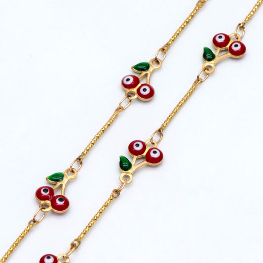 Multicolor Cherry Evil Eye Chain, Brass in Enamel, Unplated Raw Brass Designer Chain (#LK-512)/ 1 Meter=3.3ft