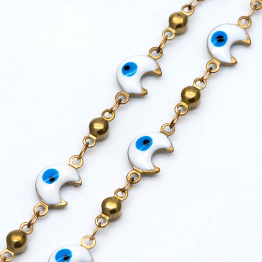 Moon Evil Eye Chain, Brass in Enamel, Beaded Chain, Unplated Raw Brass Designer Chain (#LK-514)/ 1 Meter=3.3 ft