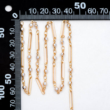 Gold Faux Pearl Designer Chain, 18K Gold plated Brass, Faux Pearl Bezel Connector and Oval Hoops Chain (LK-516) / 1 meter= 3.3ft