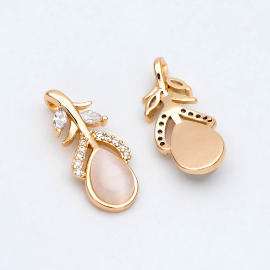 4pcs CZ Pave Cats-Eys Stone Feather Charms, Jewelry Making, Diy Material, Jewelry Supplies (GB-3343-B)