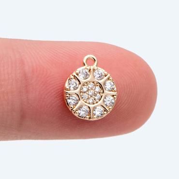 4pcs Gold Round Disk Charms 10x8mm, 18K Gold plated Brass, CZ pave Sun Disc Pendants (GB-3464-A)