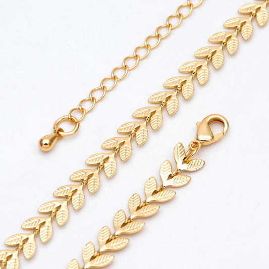 Gold/ Rhodium plated Brass Chevron Leaf Chain 6.3mm, Finished Bracelet/ Anklet/ Necklace with Extender Chain, Ready to Wear (#LK-153)