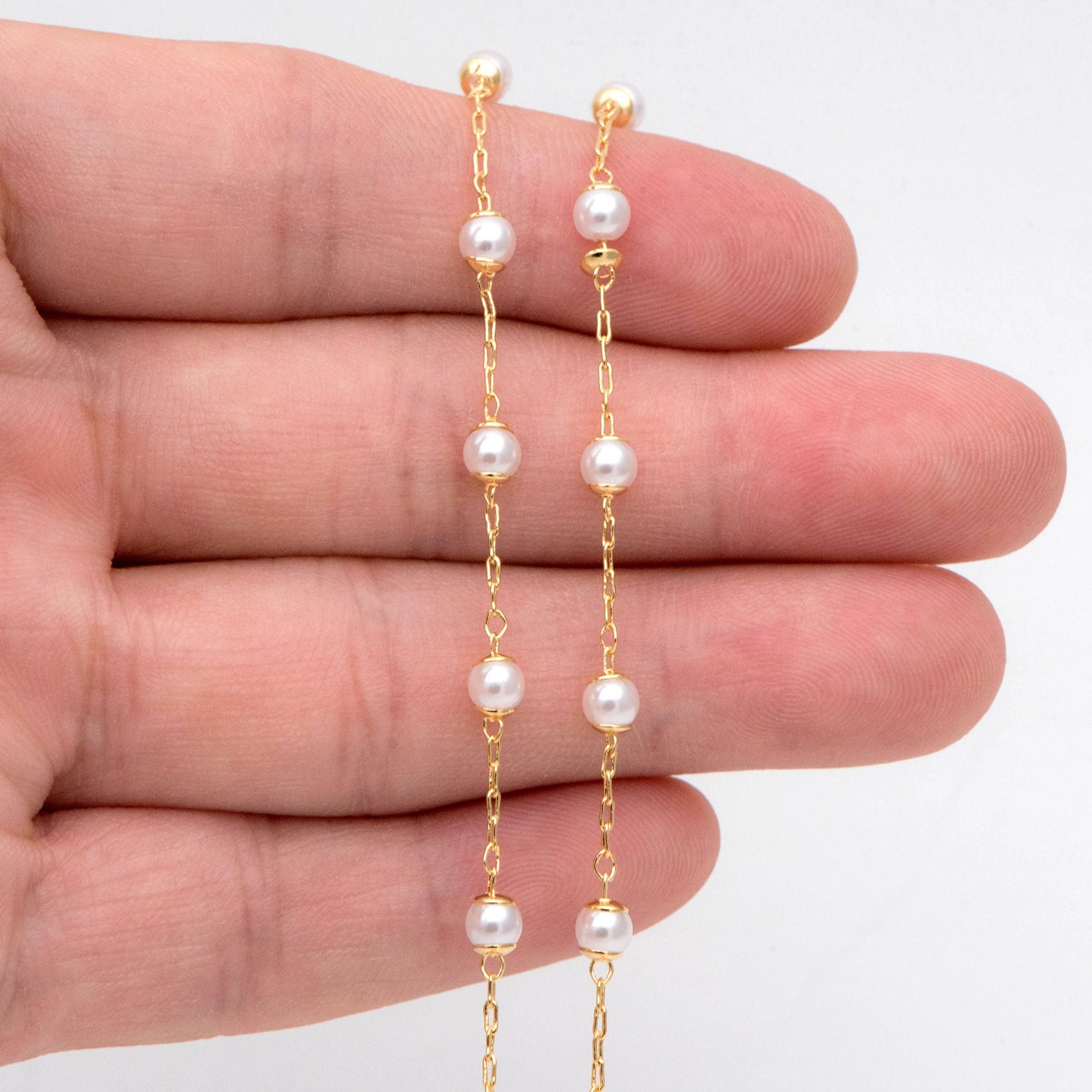 18K Gold Plated Faux Pearl Beaded Chain: 4mm Beads (LK-505)/ 1 Meter