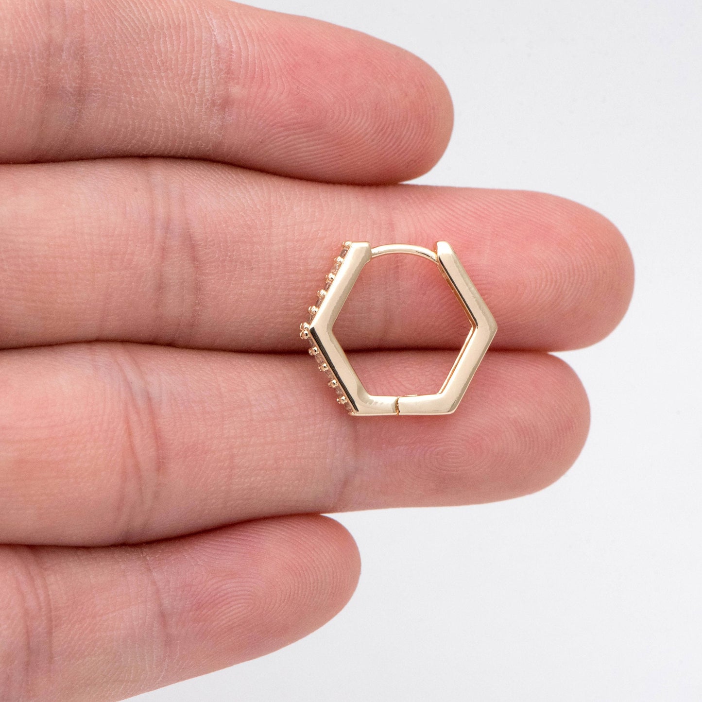 4pcs Gold Hexagon Huggie Earrings, Cubic Zirconia Hoop Earrings, CZ pave Gold Huggies, Geometric Hoop Earrings (GB-2885)