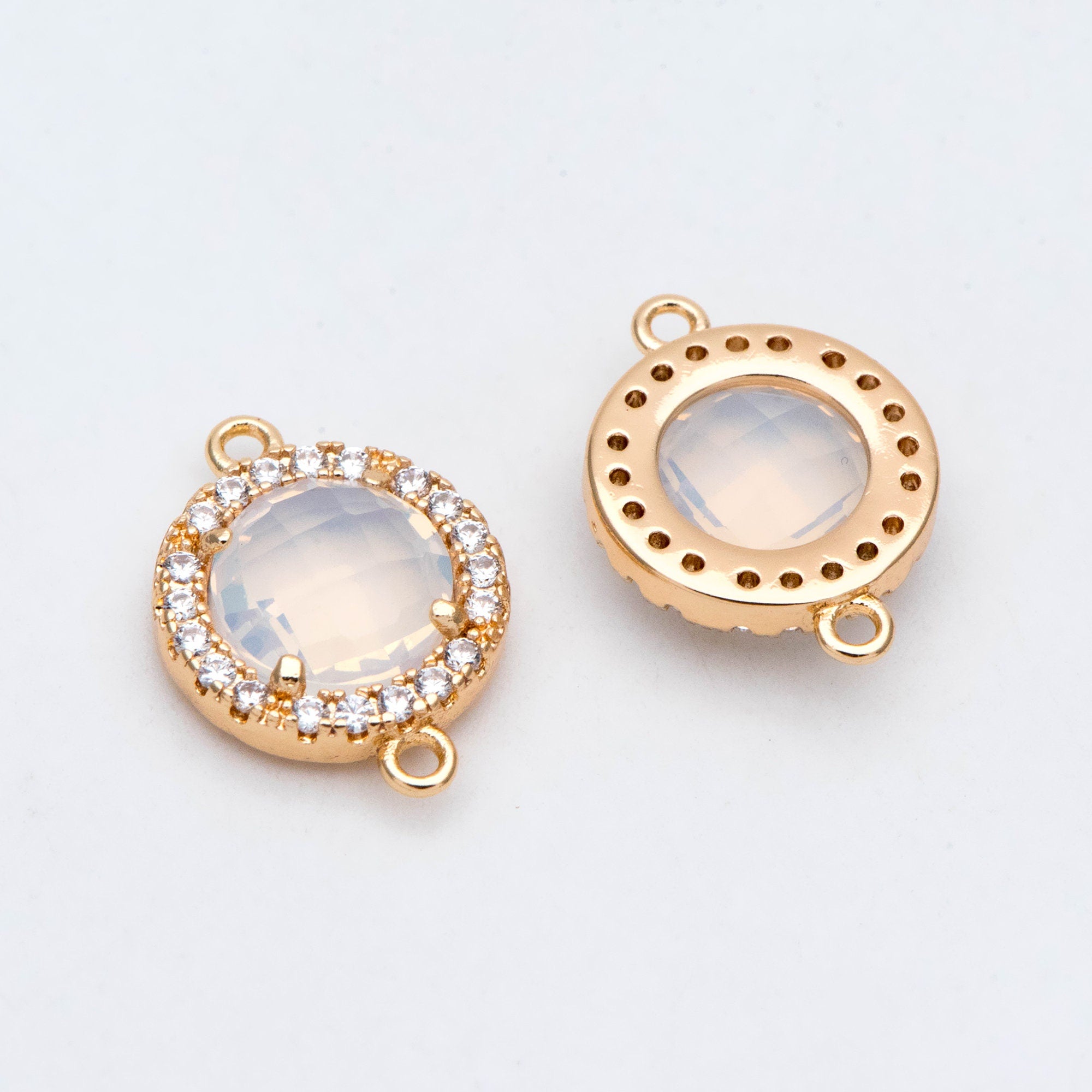 4pcs CZ Pave Gold Framed Glass Connector 16x12mm, Circle Bezel Charm Pendants (GB-2881)