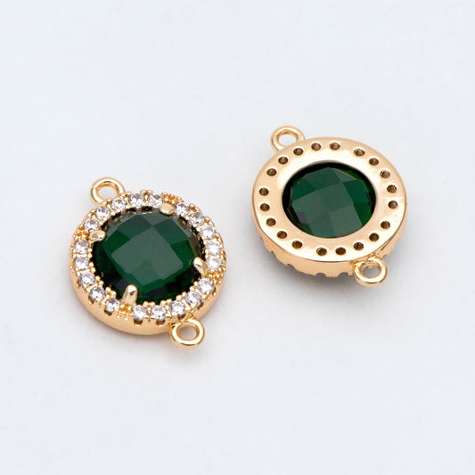 4pcs CZ Pave Gold Framed Glass Connector 16x12mm, Circle Bezel Charm Pendants (GB-2881)