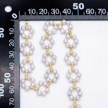 Gold Faux Pearl Hoop Chain, 18K Gold plated Brass Beaded Chain with Faux Pearl (LK-506) / 1 meter= 3.3ft