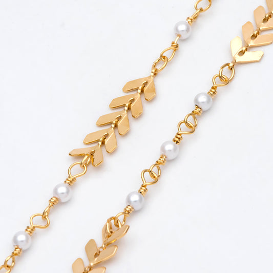 Gold Chevron Chain With Faux Pearl Connector, 18K Gold plated Brass Designer Chain (LK-507) / 1 meter= 3.3ft