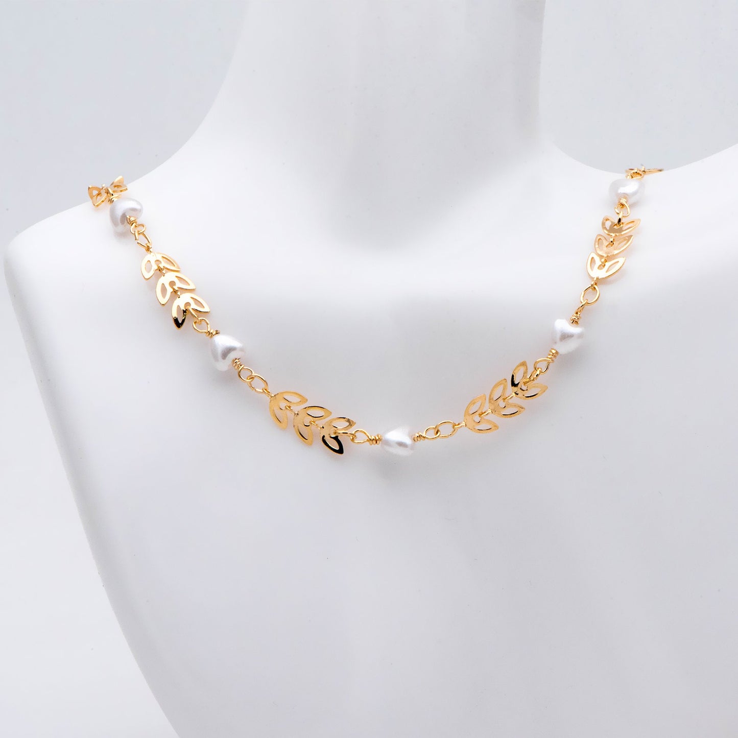 Gold Leaf Chain With Heart Faux Pearl Connector, 18K Gold plated Brass Dainty Chain (LK-508) / 1 meter= 3.3ft