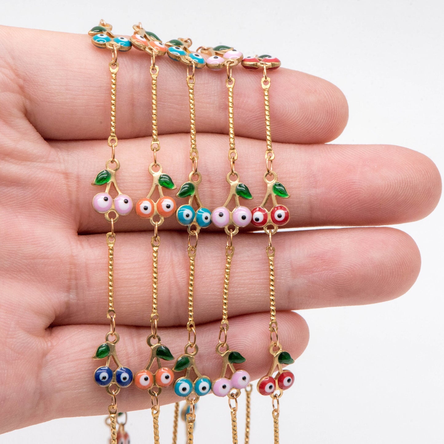 Multicolor Cherry Evil Eye Chain, Brass in Enamel, Unplated Raw Brass Designer Chain (#LK-512)/ 1 Meter=3.3ft