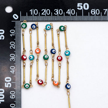 Multicolor Evil Eye Chain, Brass in Enamel, Unplated Raw Brass Designer Chain (#LK-513)/ 1 Meter=3.3 ft