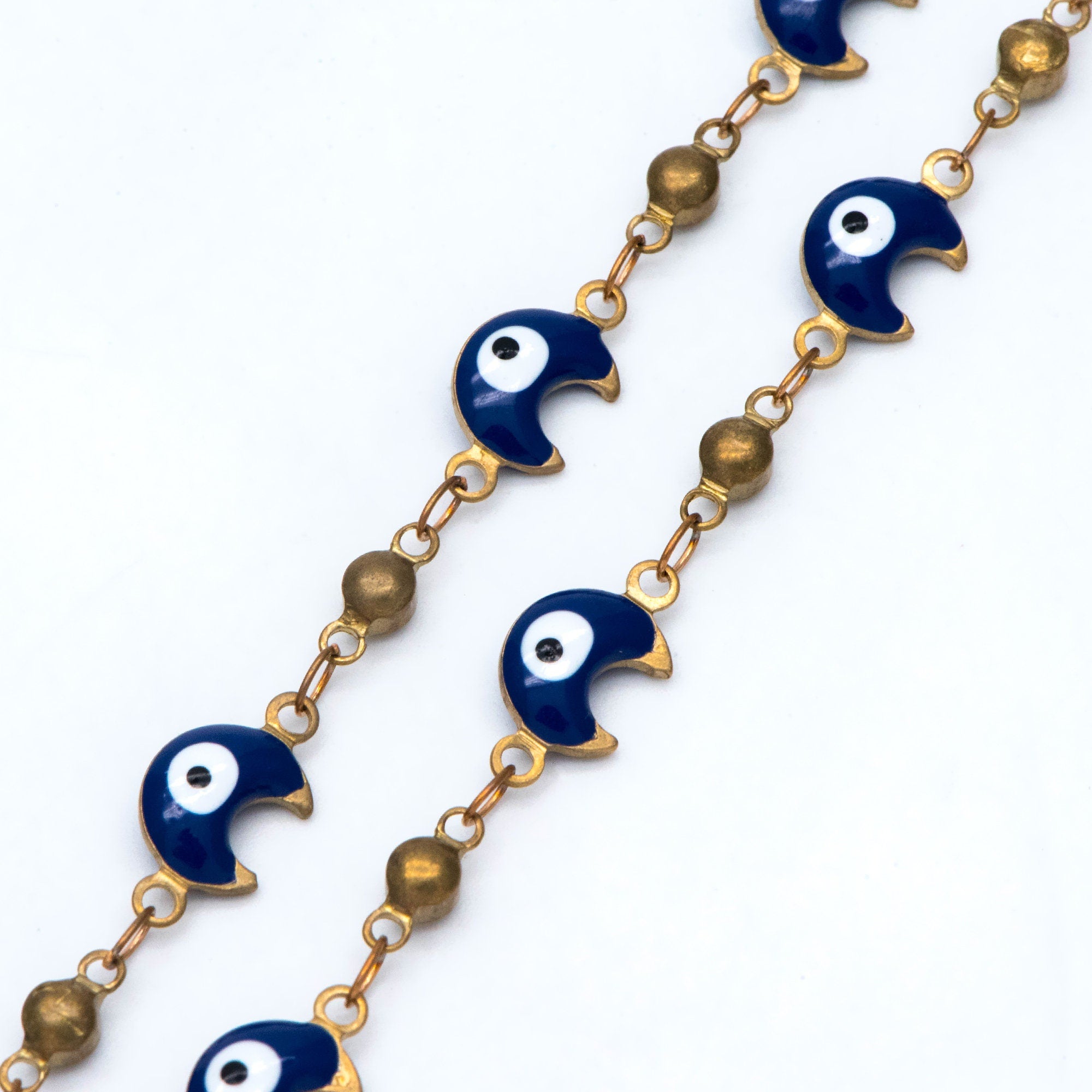 Moon Evil Eye Chain, Brass in Enamel, Beaded Chain, Unplated Raw Brass Designer Chain (#LK-514)/ 1 Meter=3.3 ft