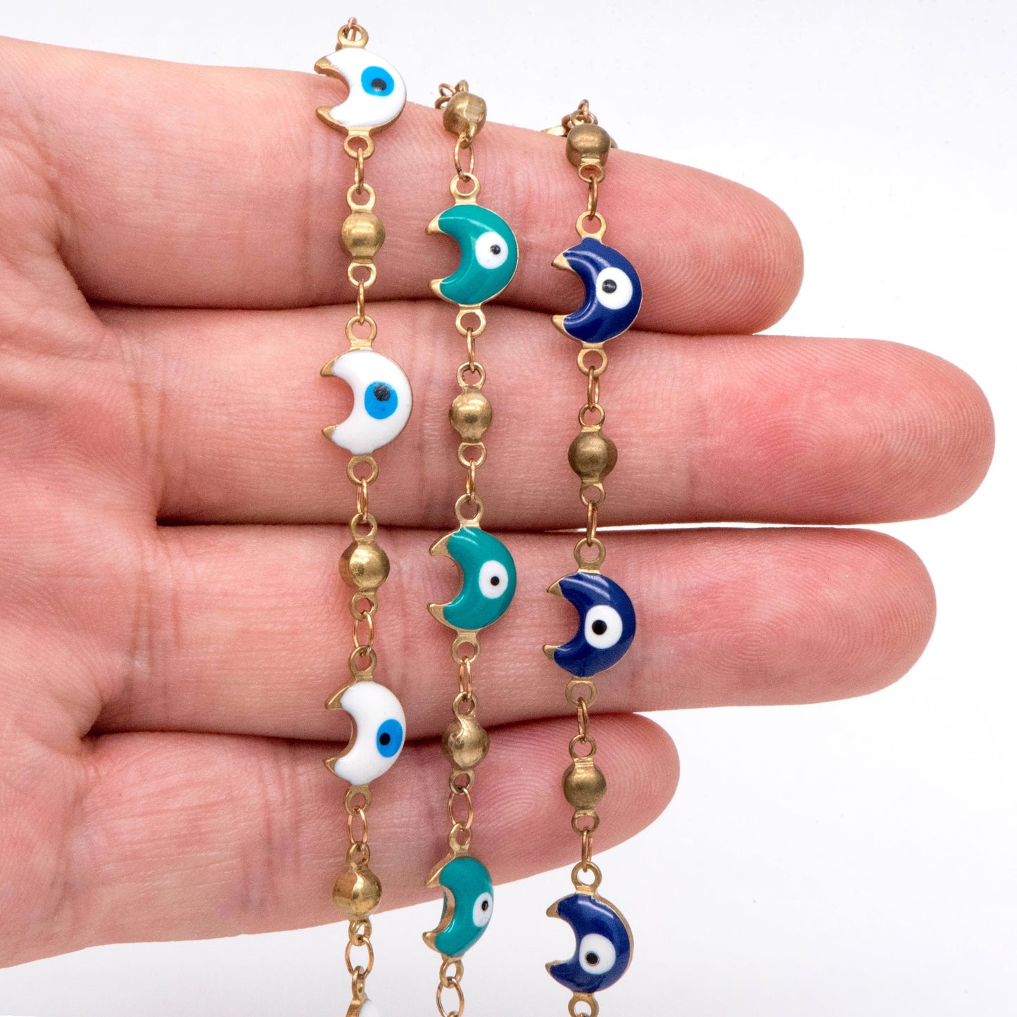 Moon Evil Eye Chain, Brass in Enamel, Beaded Chain, Unplated Raw Brass Designer Chain (#LK-514)/ 1 Meter=3.3 ft