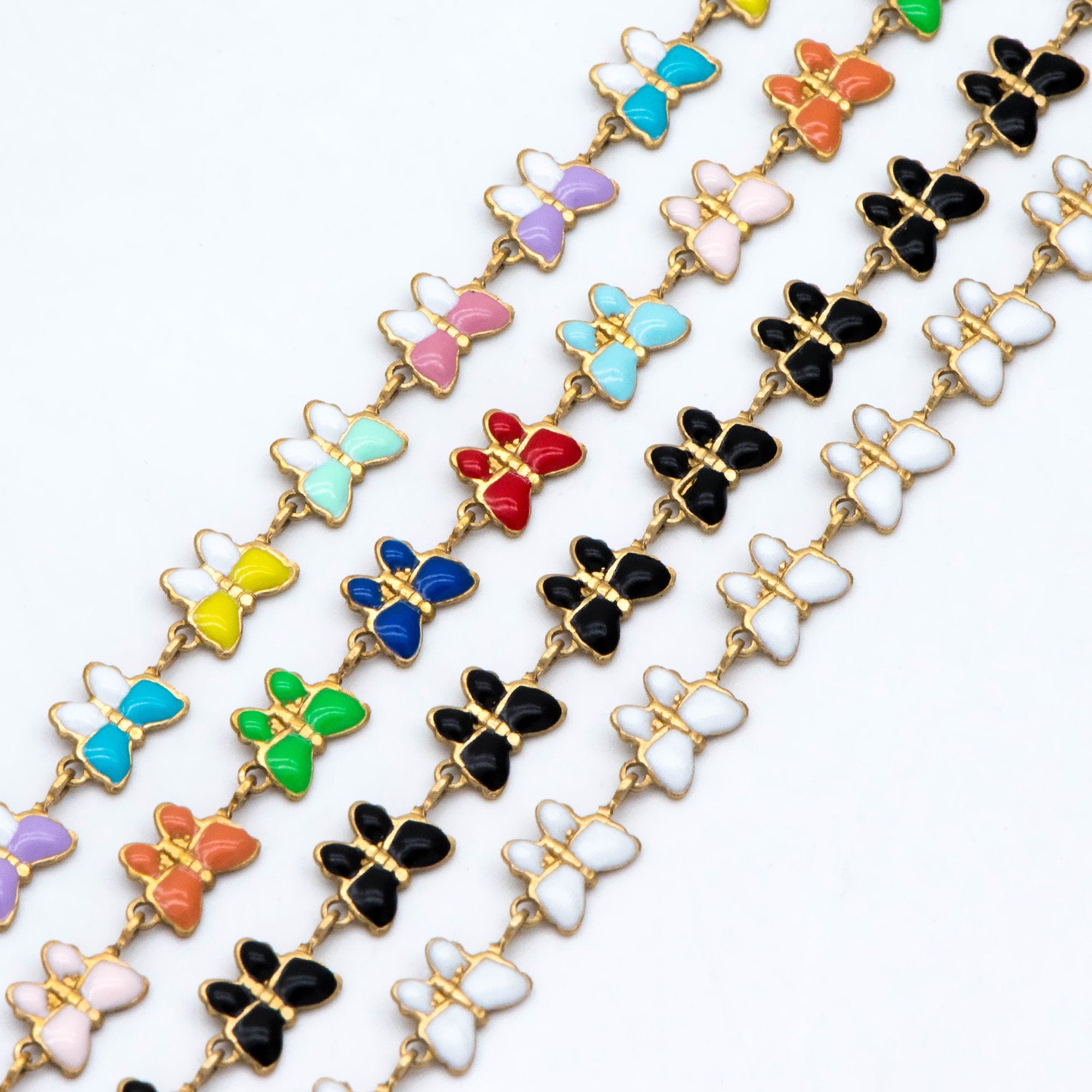 Raw Brass Chain, Multicolor butterfly Chain, Brass in Enamel, Unplated Raw Brass Designer Chain (#LK-515)/ 1 Meter=3.3ft