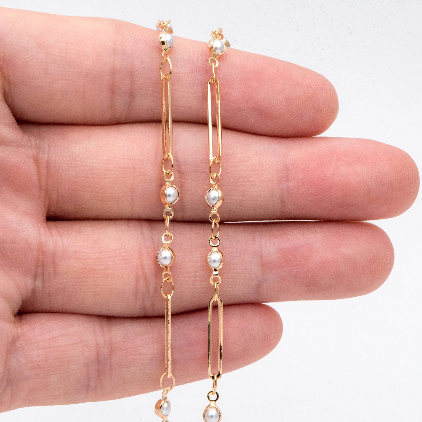 Gold Faux Pearl Designer Chain, 18K Gold plated Brass, Faux Pearl Bezel Connector and Oval Hoops Chain (LK-516) / 1 meter= 3.3ft