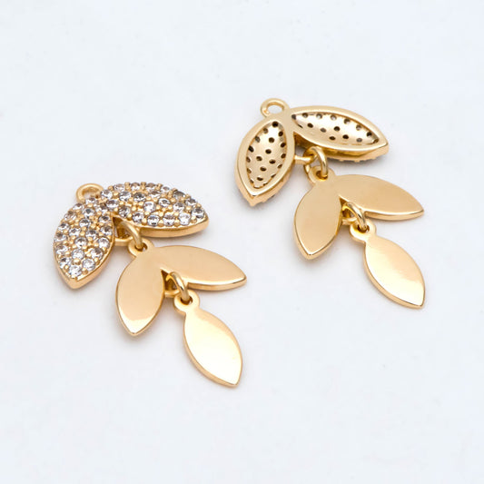 4pcs Gold CZ pave Dainty Leaf Charms, Leaf Pendants 24x13mm, Earring Charm, Necklace Pendant (GB-2926)