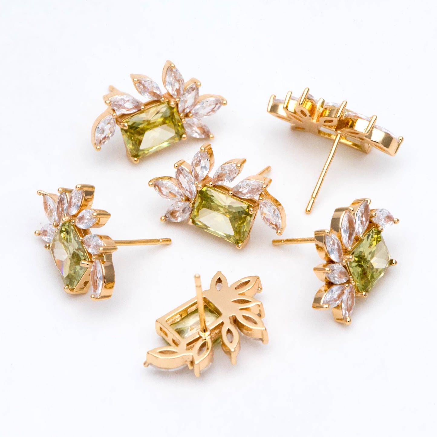 4pcs CZ Pave Olive/ Emerald Rectangle Leaf Earring Studs, Dainty Earrings, Gift For Her (#GB-2943)