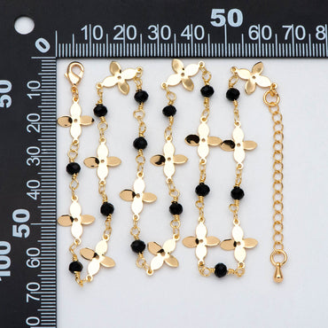 Gold plated Brass Flower with Black Beads Chains, Finished Bracelet/ Anklet/ Necklace with Extender Chain, Ready to Wear (#LK-172)