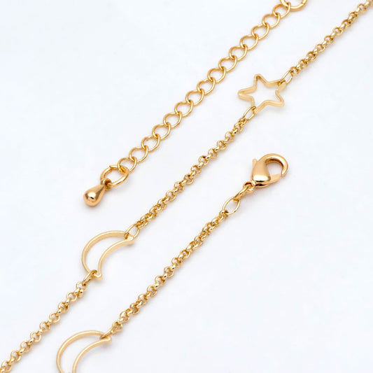 Gold Moon Star Chain, Finished Bracelet/ Anklet/ Necklace, Adjustable with Extender Chain, Ready to Wear (#LK-419)