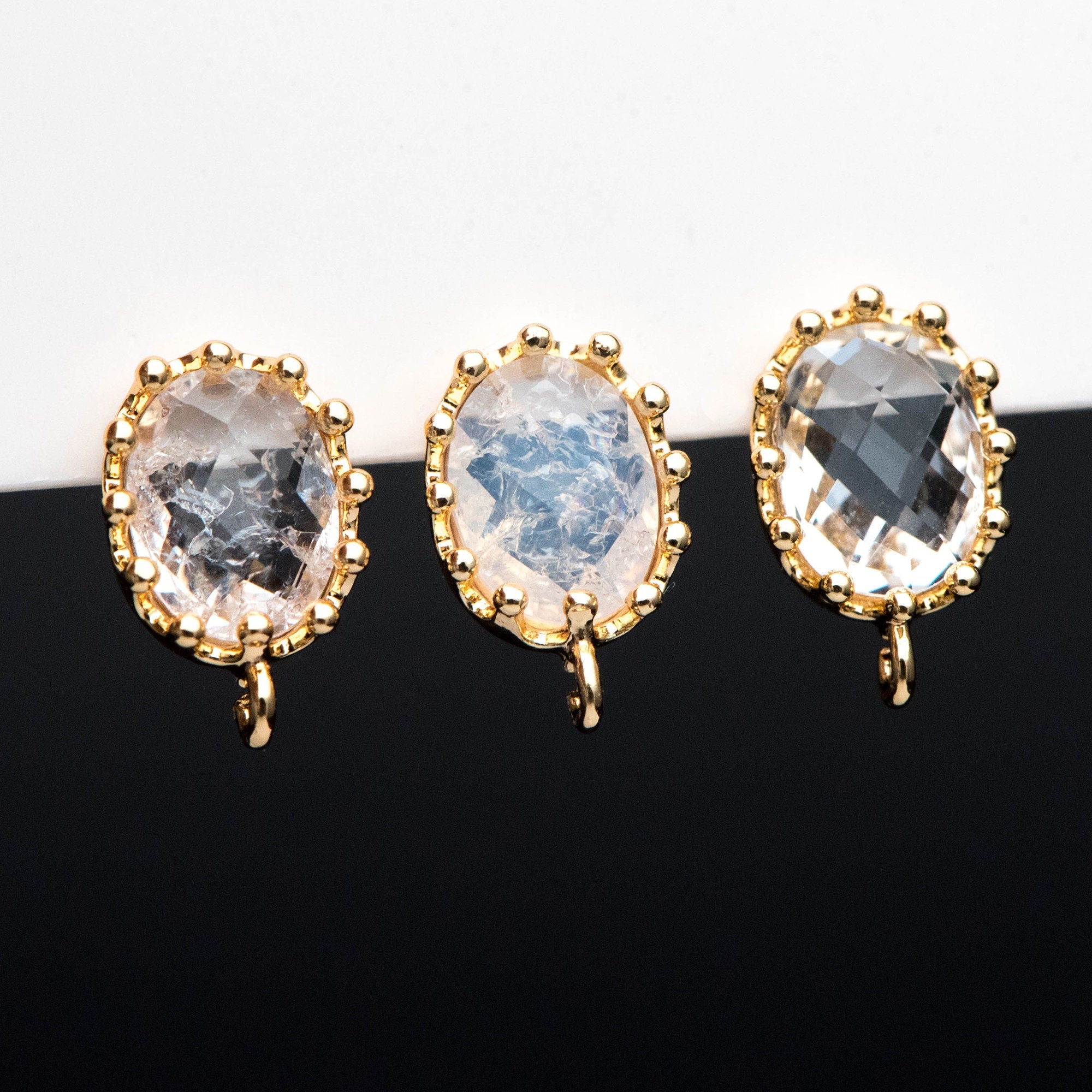 10pcs Crack Stone Ear Posts, Clear Stone Stud Earring with Loops, 18K Gold plated Brass Ear Findings (#GB-1306)