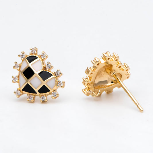 4pcs CZ Pave Gold Enamel Heart Earring with Loop, Gold plated Brass, Geometric Stud Earrings (GB-2976)
