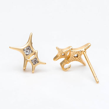 4pcs CZ Pave Gold Cross Star Earring with Loop, Gold Plated Brass North Star Stud Earrings (GB-2979)
