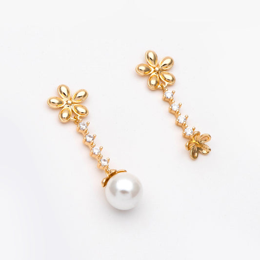 4pcs Gold Flower Earring With Pearl Peg Earring Mounts, Foral Stud Earrings with Peg (GB-2973)