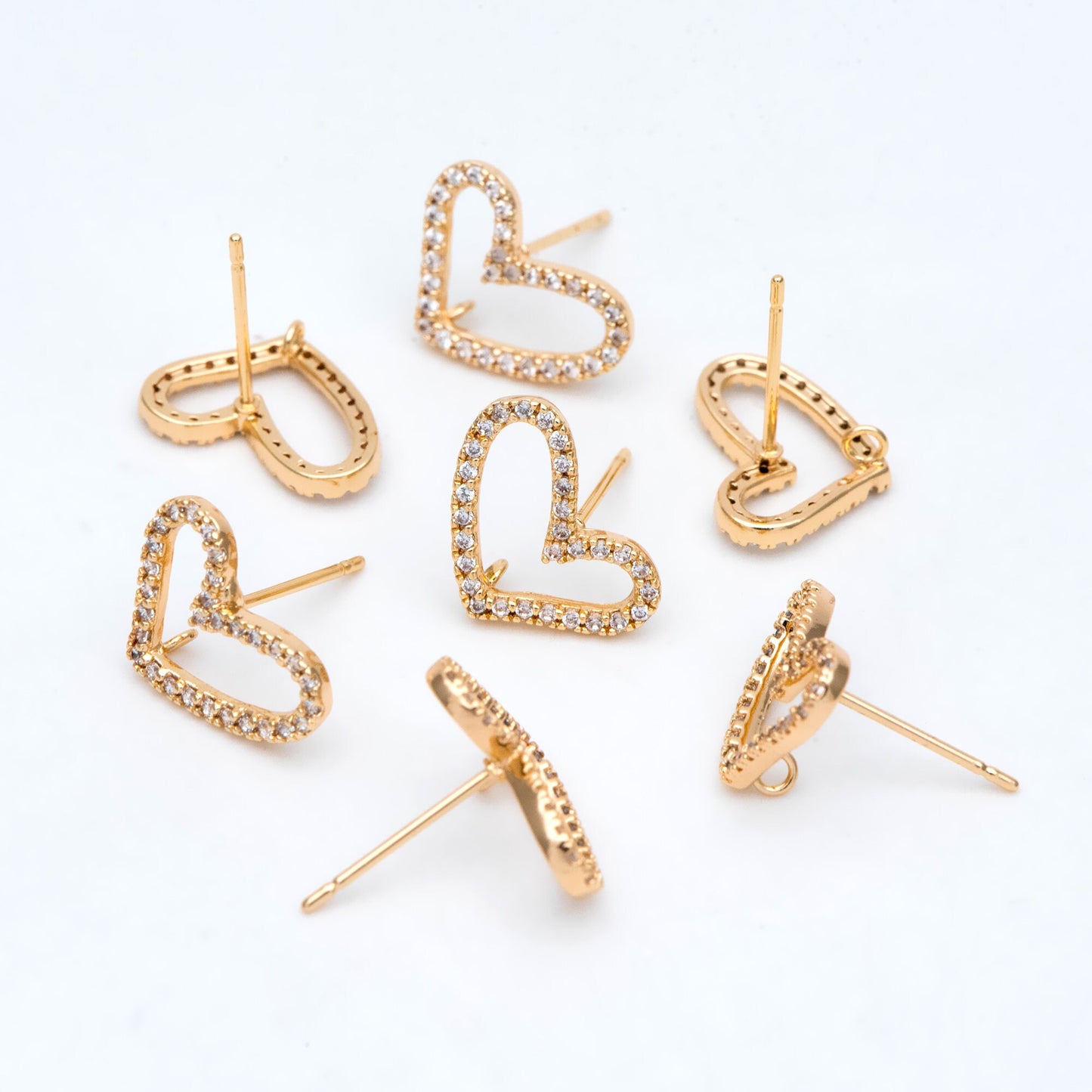 4pcs CZ Pave Heart Earring with Loop, Gold Plated Brass Stud Earrings, Jewelry Findings, Wholesale Supplies (GB-2986)