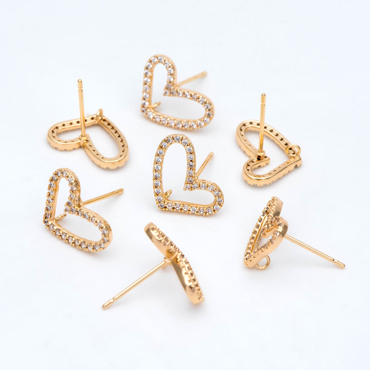 4pcs CZ Pave Heart Earring with Loop, Gold Plated Brass Stud Earrings, Jewelry Findings, Wholesale Supplies (GB-2986)
