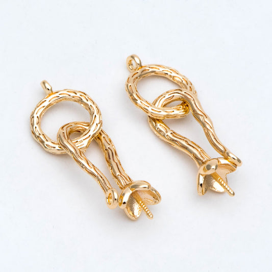 4pcs Gold plated Brass Charm Connector, DIY Pearl Peg Mounts, Half Drilled Pearl Settings (GB-2935)