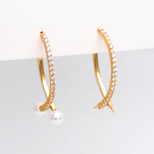 4pcs CZ pave Gold Curved Bar Ear Posts with Ear back Stopper, Pearl Earring Mounts, Half Drilled Pearls Earring Settings (GB-2984)