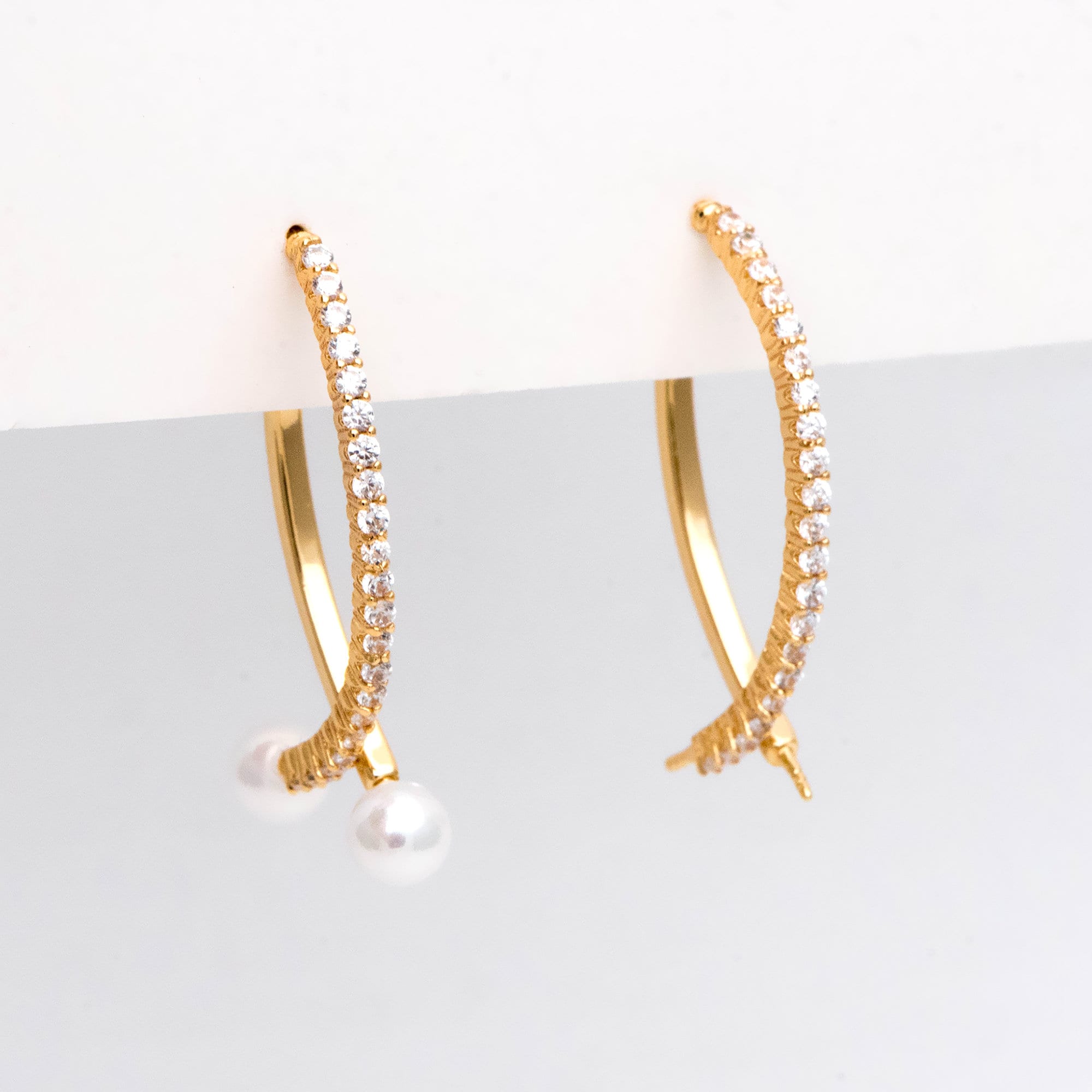 4pcs CZ pave Gold Curved Bar Ear Posts with Ear back Stopper, Pearl Earring Mounts, Half Drilled Pearls Earring Settings (GB-2984)