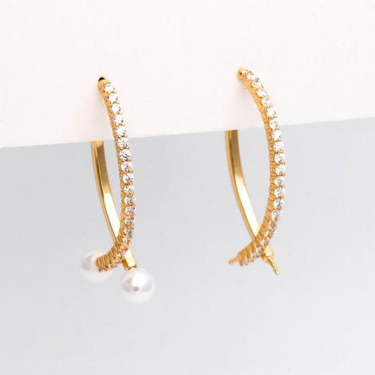 4pcs CZ pave Gold Curved Bar Ear Posts with Ear back Stopper, Pearl Earring Mounts, Half Drilled Pearls Earring Settings (GB-2984)