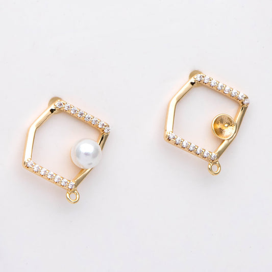 10pcs CZ pave Irregular Earring with loop 15x14mm, Pearl Peg Earring Mounts,Half Drilled Pearl Earring Settings (GB-1542)