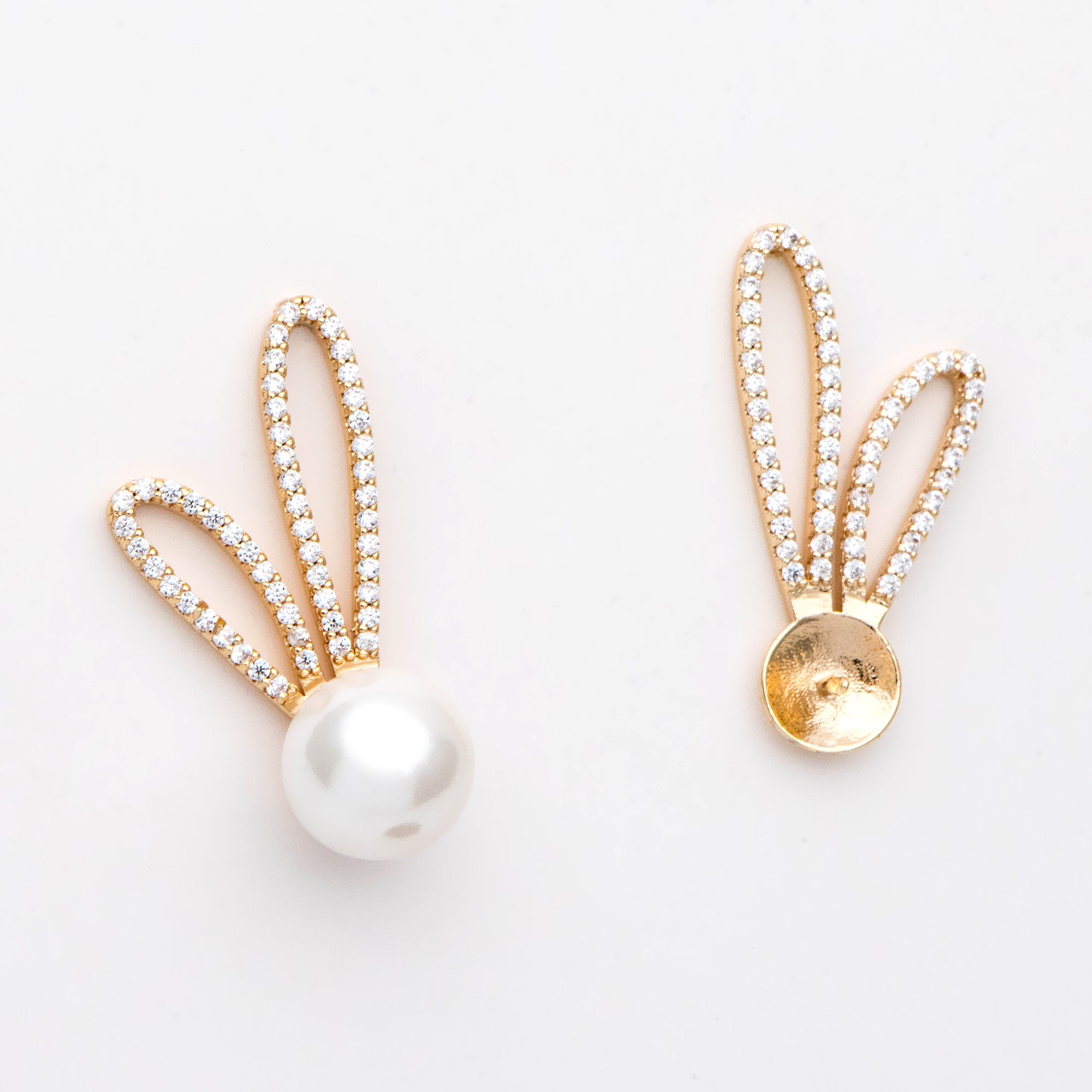 4pcs CZ Pave Rabbit Ear Posts, Bunny Stud Earrings, Pearl Peg Earring Mounts, Half Drilled Pearl Earring Settings (#GB-1776)