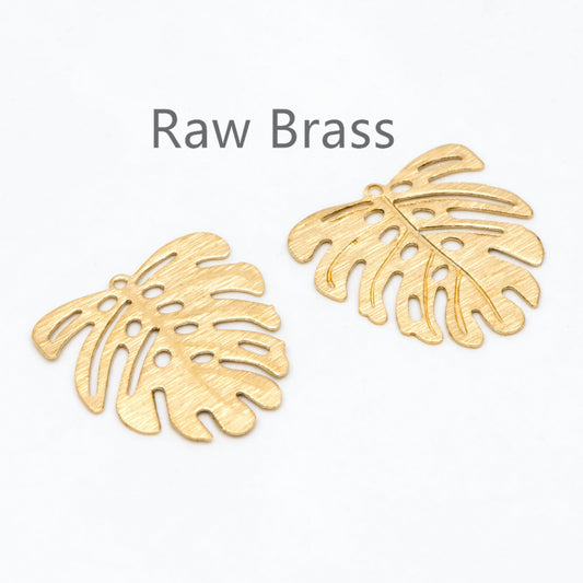 10pcs Raw Brass Brushed Monstera Charms 22x21mm, Leaf Necklace Pendants, Brass Findings Wholesale (RB-200)