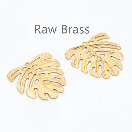 10pcs Raw Brass Brushed Monstera Charms 22x21mm, Leaf Necklace Pendants, Brass Findings Wholesale (RB-200)