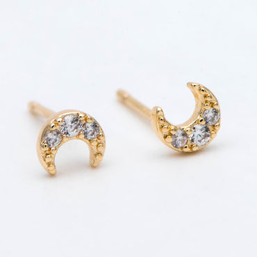 10pcs CZ Pave Moon Ear Posts 5mm, Real Gold Plated Brass Stud Earrings (#GB-3041-F)
