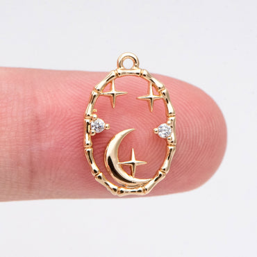 4pcs CZ Pave Gold Oval Moon Star Charms 16.5x11mm, Jewelry Making, Diy Material, Jewelry Supplies (GB-2433-J)