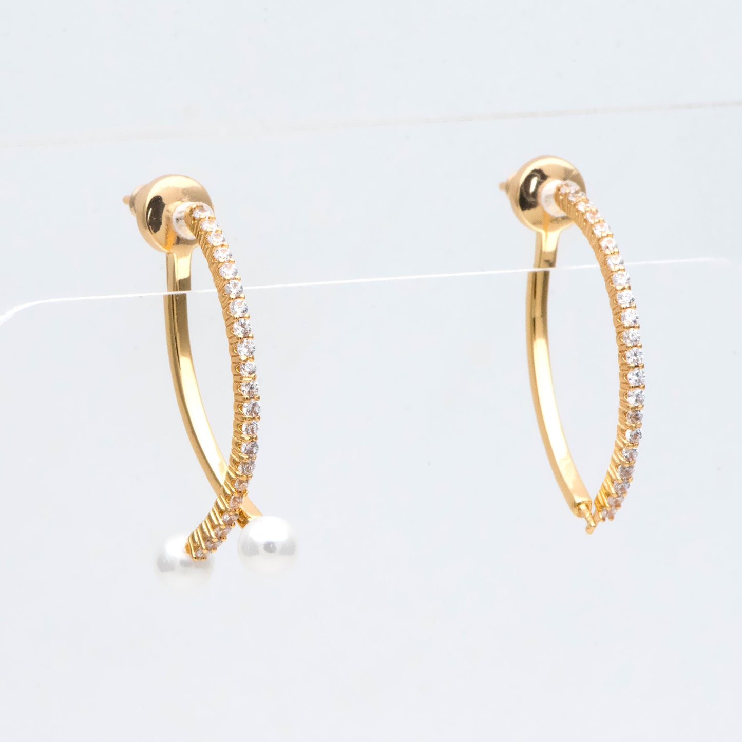 4pcs CZ pave Gold Curved Bar Ear Posts with Ear back Stopper, Pearl Earring Mounts, Half Drilled Pearls Earring Settings (GB-2984)