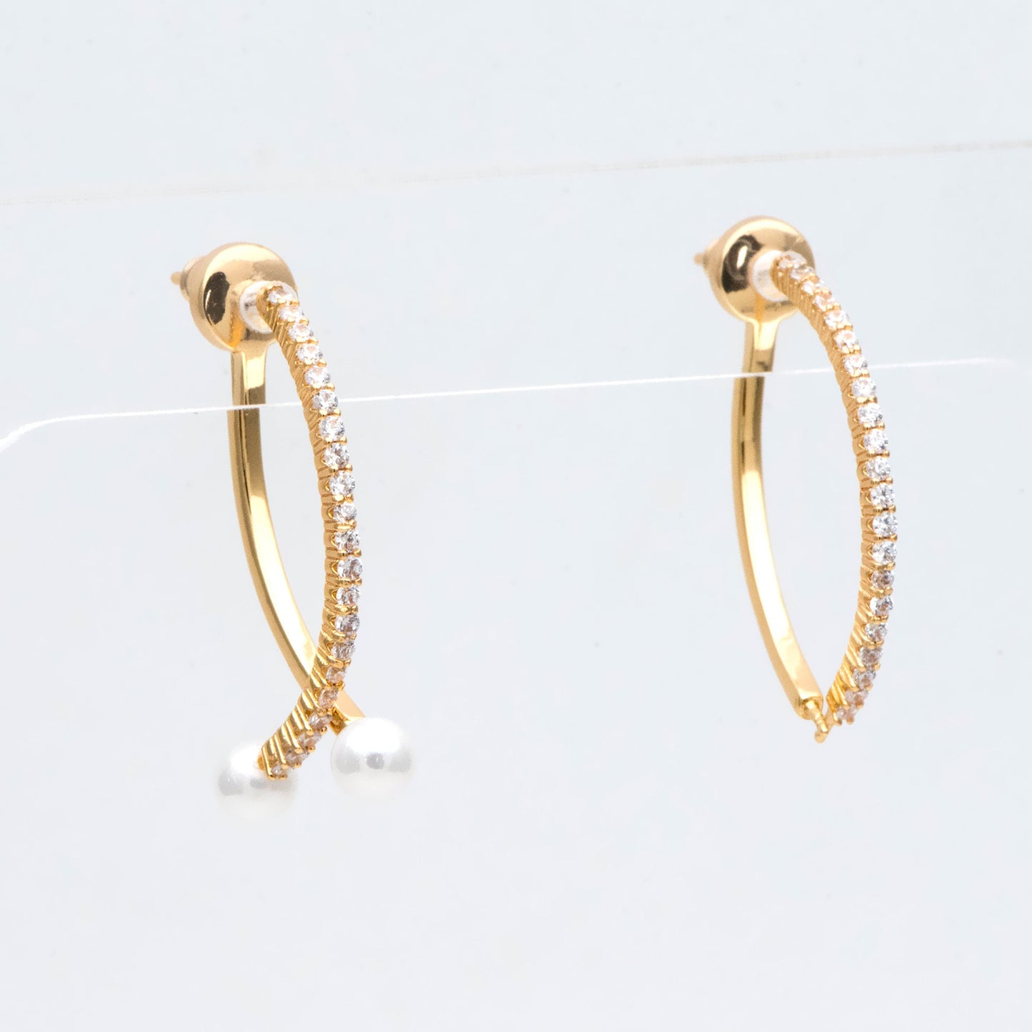 4pcs CZ pave Gold Curved Bar Ear Posts with Ear back Stopper, Pearl Earring Mounts, Half Drilled Pearls Earring Settings (GB-2984)