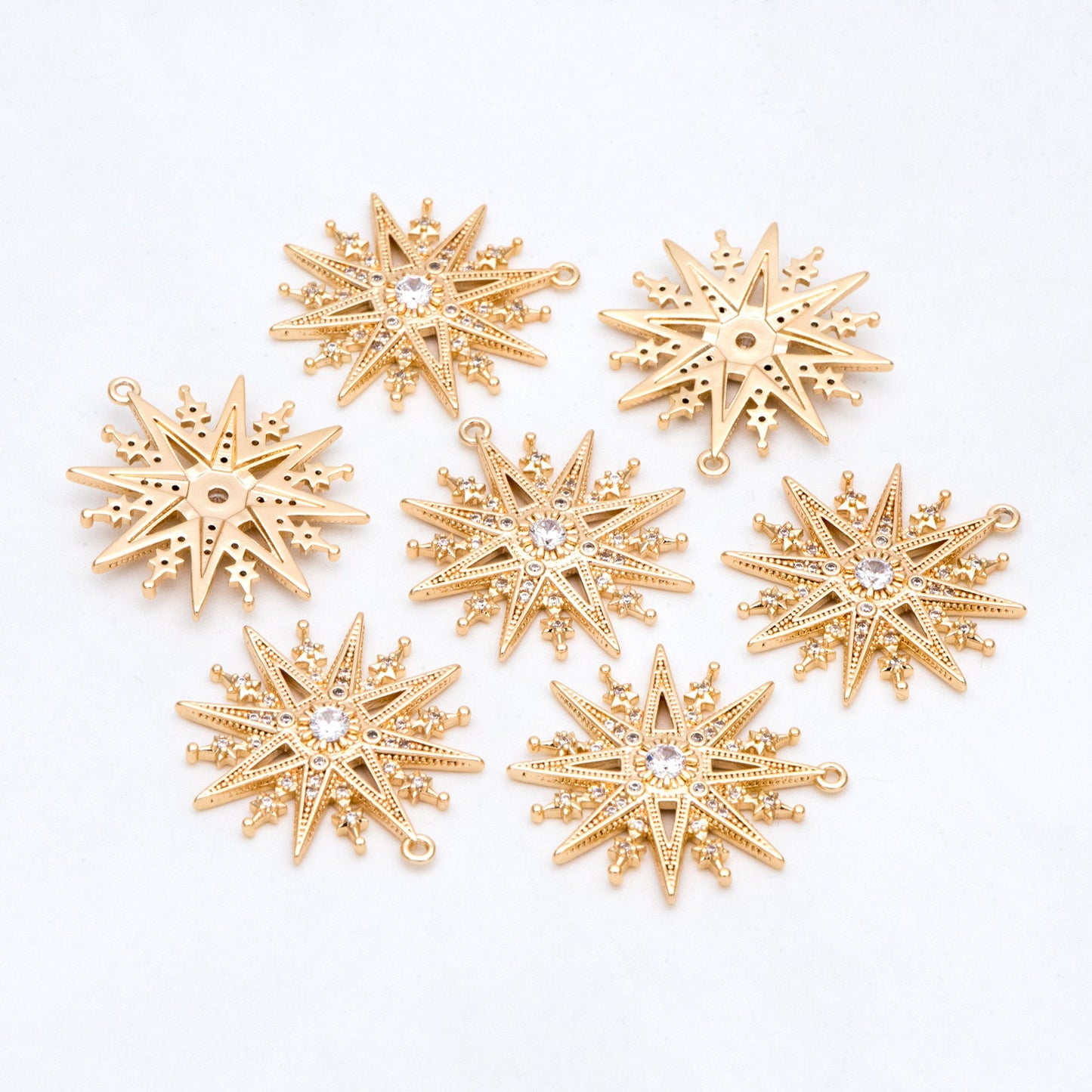 4pcs Gold plated Brass North Star Charms 25x23mm, CZ Paved Star Pendants (GB-1048-M)