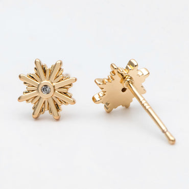 10pcs CZ Pave Gold Sun Ear Post, Real Gold Plated Brass Snowflake Stud Earrings (#GB-3041-M)