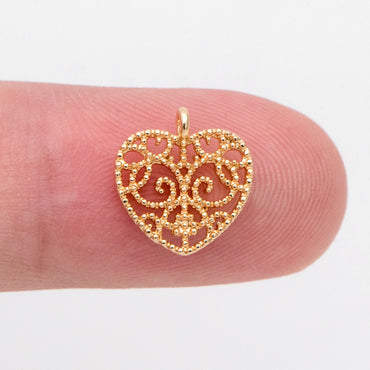 2pcs Gold plated Brass Heart Pendants 11x10mm, Filigree Hollow Pendants, Lead Nickel Free (GB-354)